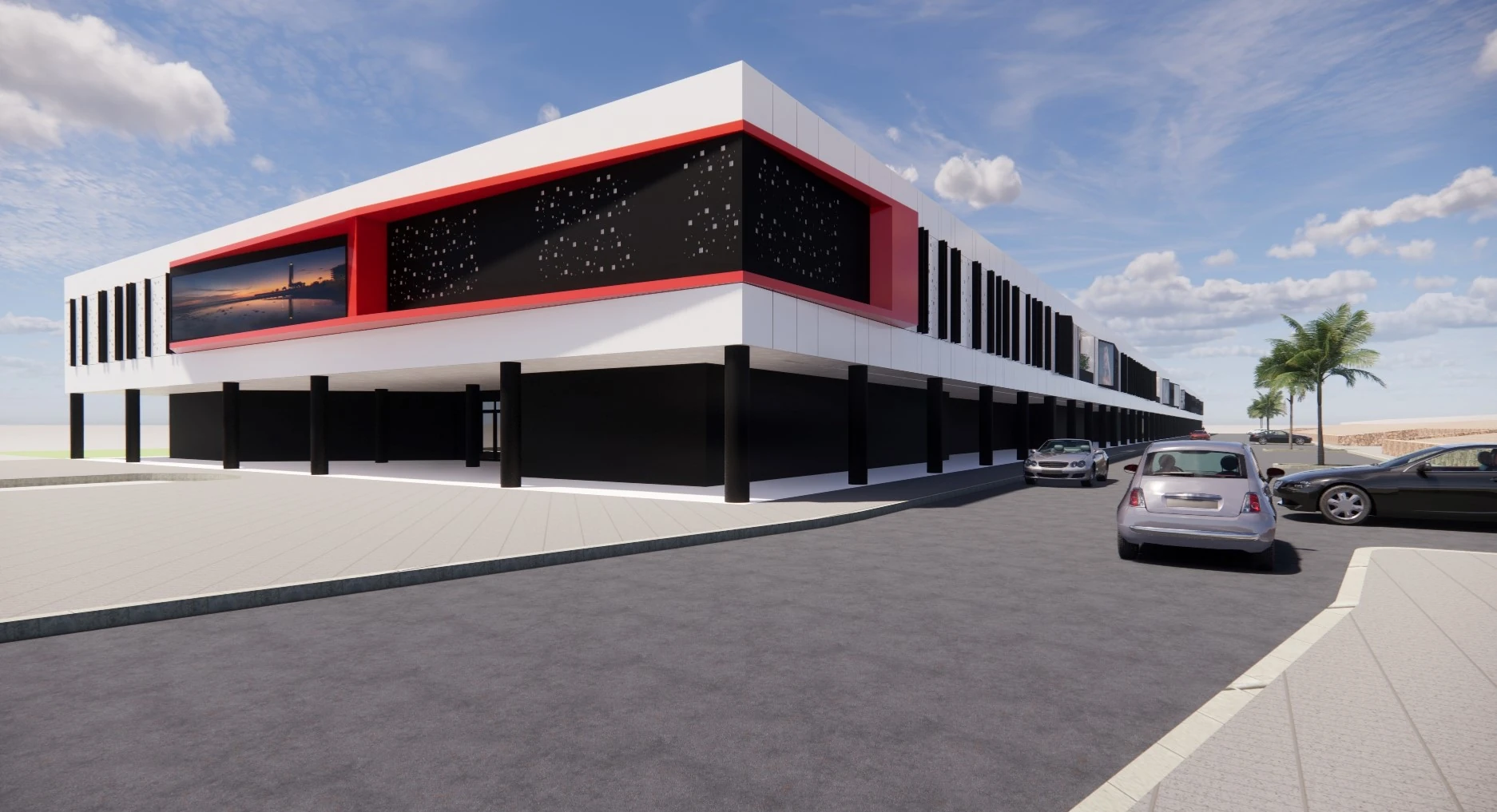 Edificio arquitectónico con diseño futurista y de distintos colores