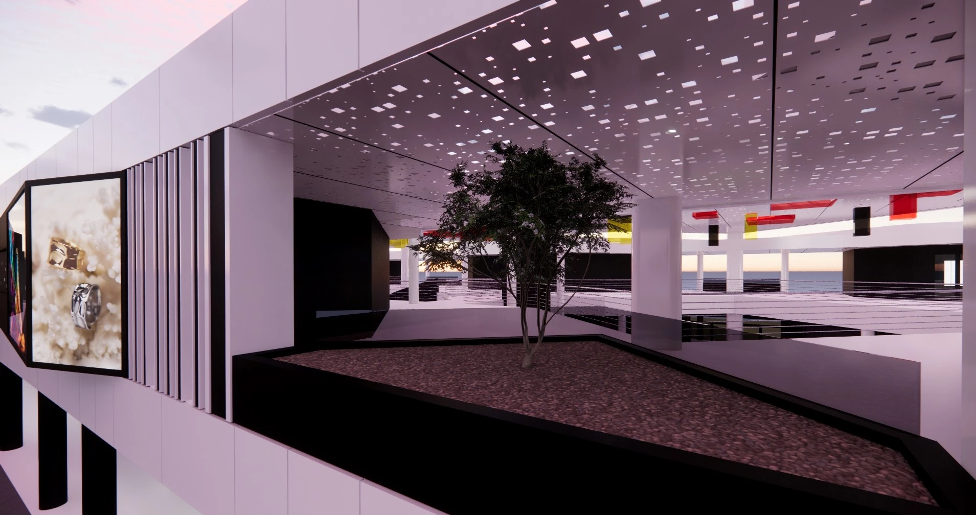 Interior de un edificio con diseño futurista / moderno con algunas plantas